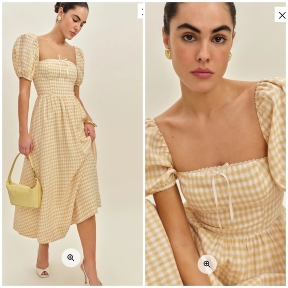 💋Reformation Marella puff sleeve linen Yellow Checkered gingham Dress. Size 6